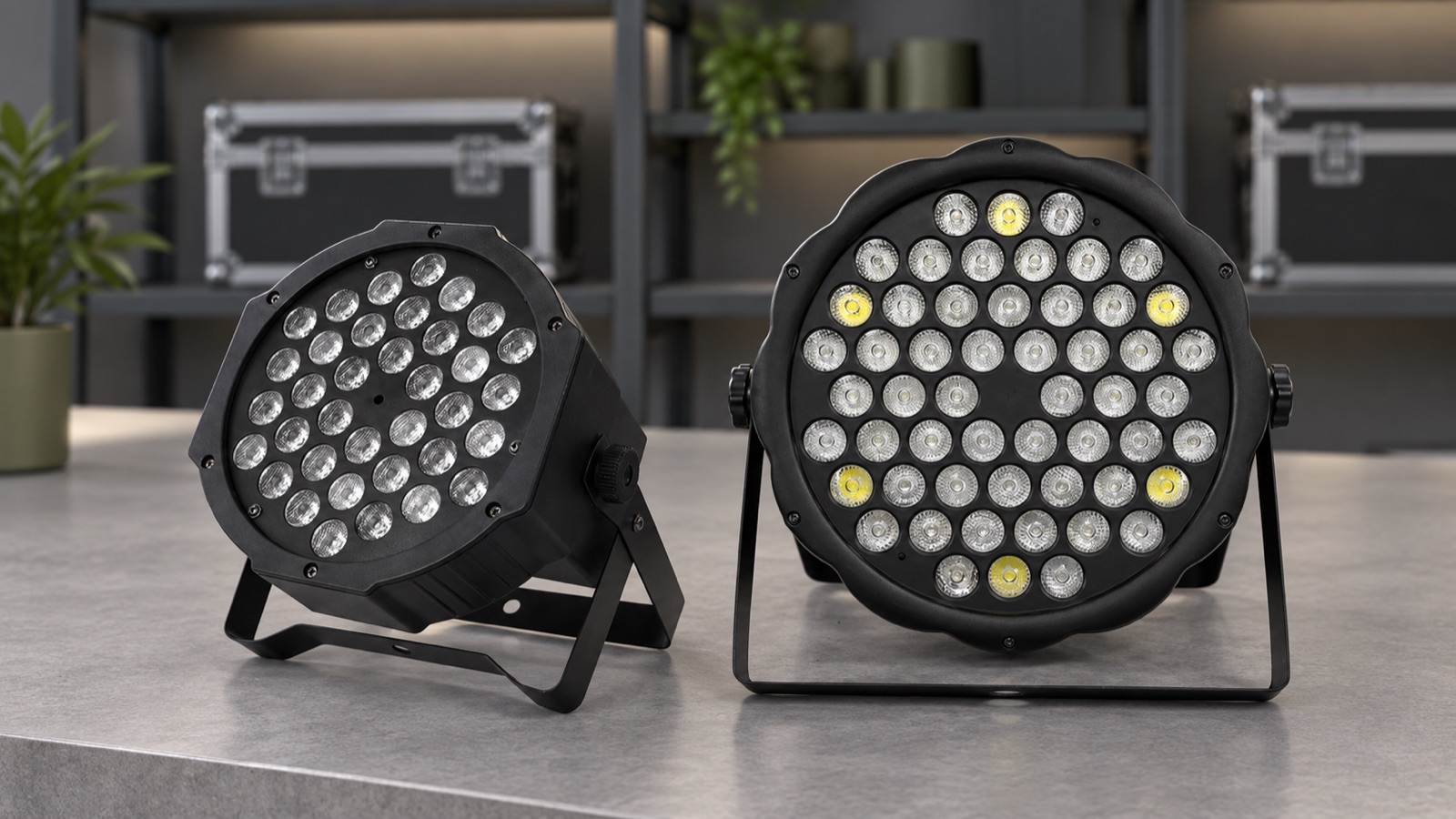FY-STGL01 and FY-STGL05 PAR lights in an AI-generated dealer sample showroom